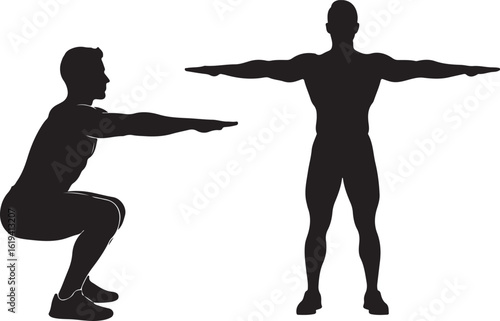 Black silhouettes of two men exercising one squatting and one standing exercise fitness