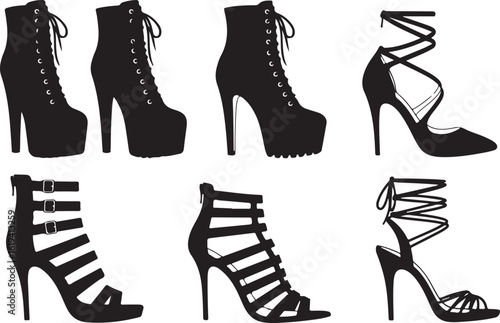 Collection of Black Silhouette Fashion High Heel Shoes and Boots footwear