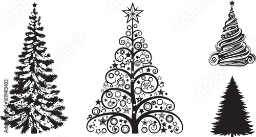 Collection of Five Black Silhouette Christmas Tree Designs on White Background vector