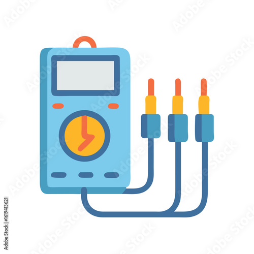 A flat design multimeter with test leads and a black background