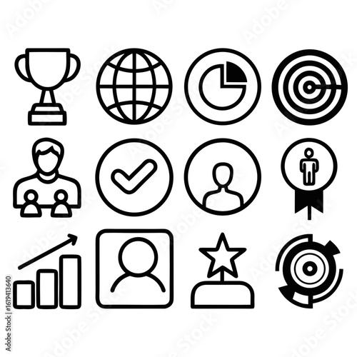 Business Icon Set: A collection of clean, modern icons perfectly embodying the essence of business, goals, and success. Ready to seamlessly integrate with your digital projects.