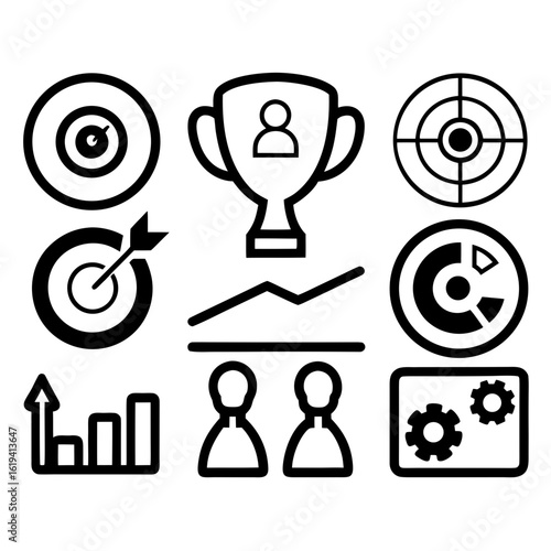 Business Strategy Icons: A collection of minimalistic business icons showcasing key elements of strategy, including targets, achievements, and collaboration. 
