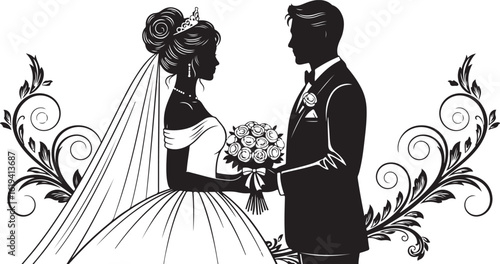 Elegant Bride and Groom Silhouette with Floral Swirls on White Background wedding couple