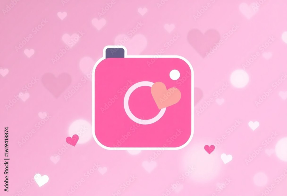 Câmera vintage rosa com fundo de corações. Vetor ilustrativo.