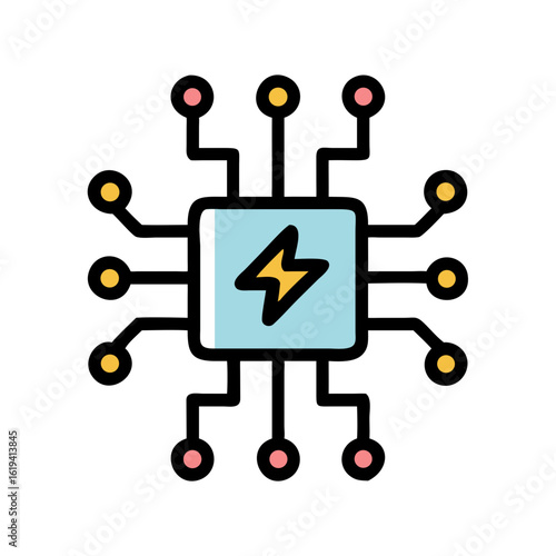 Stylized CPU icon with electricity sign on black background