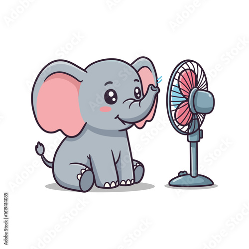 Cute Cartoon Baby Elephant Enjoying Cool Breeze from Fan  Summer Heat Relief