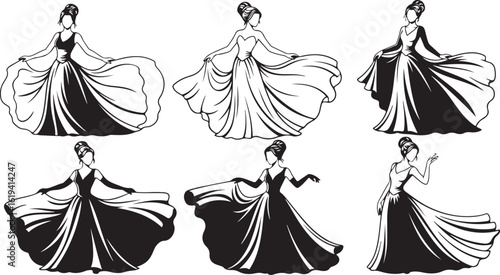 Six artistic black and white illustrations of women in flowing gowns dresses ball gowns