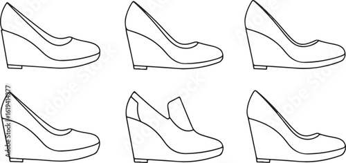 Six Black Outline Drawings of Wedge Heeled Shoes on White Background wedge heels wedge shoes