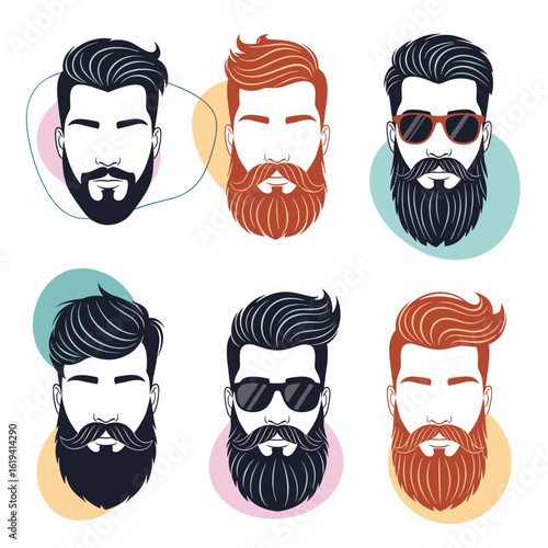Collection of stylish bearded man portraits with diverse hairstyles and facial hair arrangements