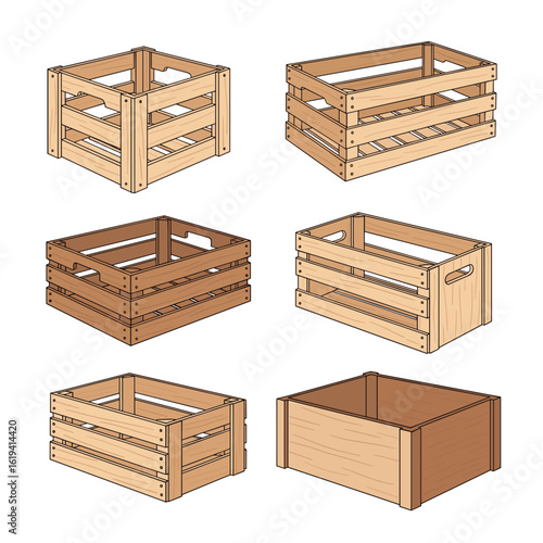 Collection of six wooden crates for storage and display purposes various shapes and sizes