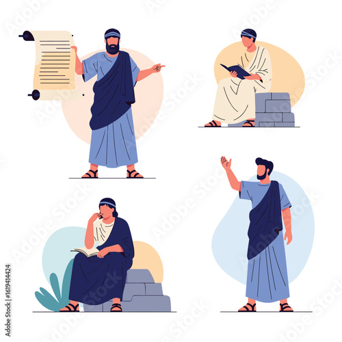 Ancient scholars studying religious texts and debating ideas in historical settings with scrolls and books