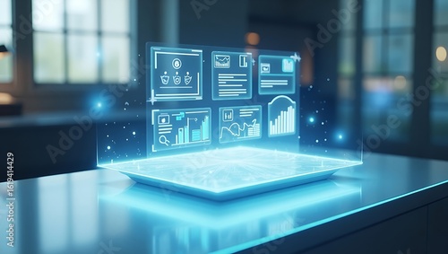 3D Rendered Scene of Futuristic Holographic User Interface with Floating Data Icons and Interactive Digital Dashboard Above Glass Desk