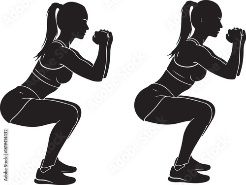 Two black silhouette profiles of a woman performing a squat exercise with dumbbells female
