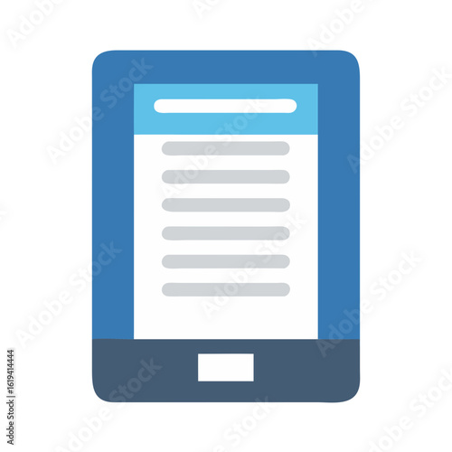 Blue e-reader displaying text in flat graphic style