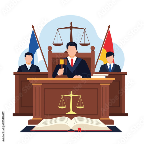 Justice courtroom scene with gavel and scales of justice representing legal proceedings and judgment