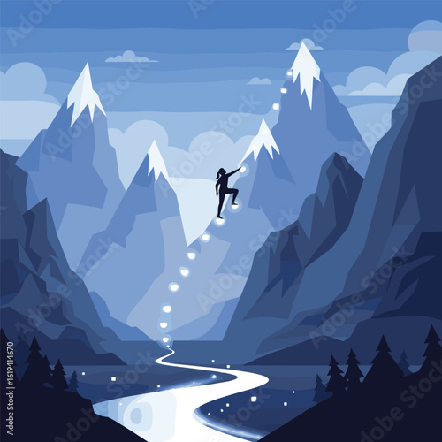 A lone adventurer ascends a treacherous mountain path illuminated by glowing orbs against a vast blue landscape