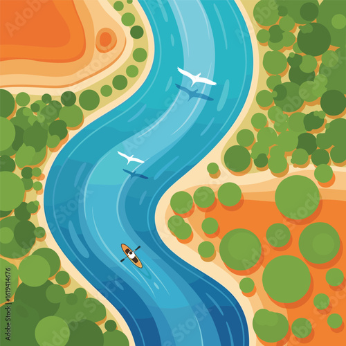 Kayaking down a winding river surrounded by lush green trees and sandy shores birds flying overhead in a peaceful natural landscape scene