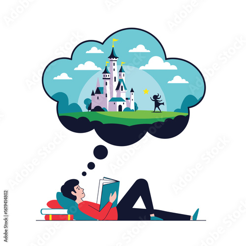 A person engrossed in reading a book imagines a fairytale castle on a hill under a bright sky