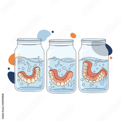 Three jars holding dentures submerged in water for cleaning and storage purposes showing bubbles and abstract shapes around them