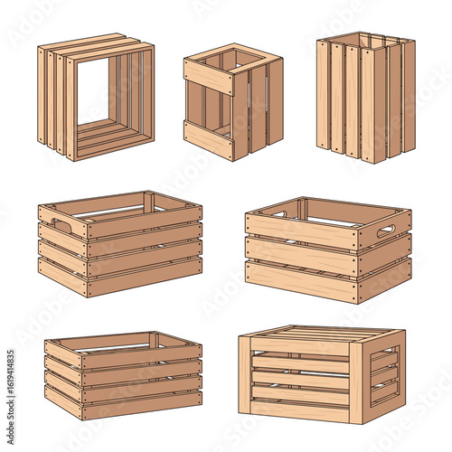 Collection of wooden crates and boxes for storage and transport various styles and designs