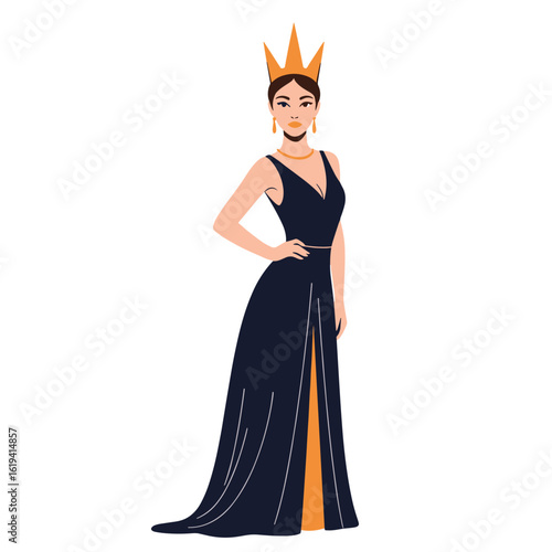 Elegant queen in a royal gown standing with poise and grace wearing a golden crown and jewelry