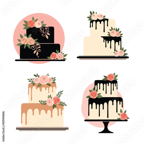 Elegant three tier wedding celebration cakes decorated with roses and drips for festive occasions