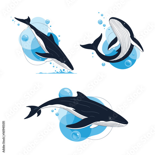 Graceful underwater creatures majestic whales in blue water bubbles artistic marine mammal illustrations