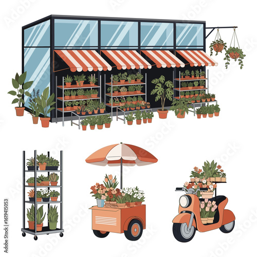 Charming urban botanical oasis featuring outdoor plant displays and whimsical gardening accessories