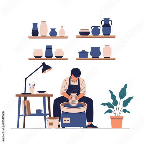 Artisan crafting beautiful ceramic vases and bowls on a pottery wheel