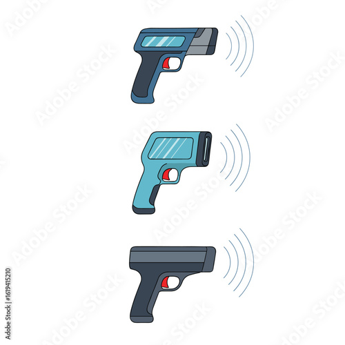 Three infrared thermometer guns measuring body temperature health screening device for fever detection
