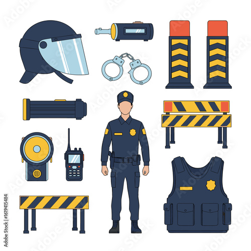 Collection of law enforcement officer equipment and safety barriers for public order management