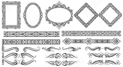 Ornate Black and White Decorative Frames, Borders, and Swirls for Design Elements