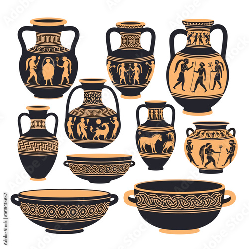 Ancient greek ceramic pottery vessels depicting mythological scenes and geometric patterns for decorative display