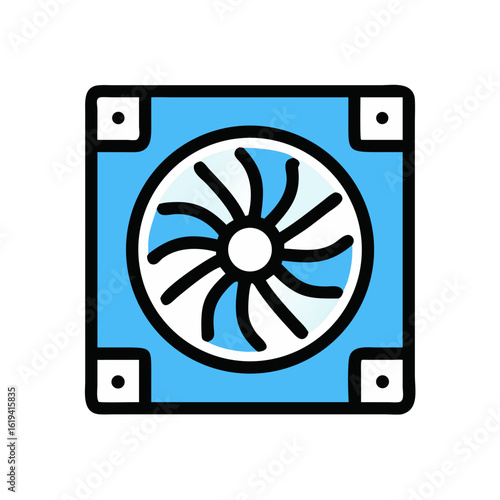 Stylized Computer Fan Icon on Blue Square Background