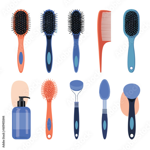Collection of essential hair care brushes combs and accessories for styling grooming and detangling hair