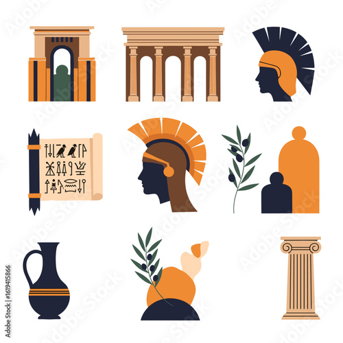 Ancient civilizations culture history architecture art artifacts and symbols collection representing antiquity