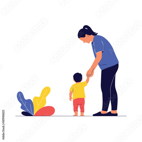 A mother guides her child through their first independent steps offering support and encouragement