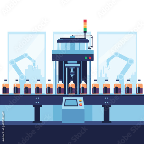 Automated beverage bottling and packaging production line with robotic arms and conveyor belt system