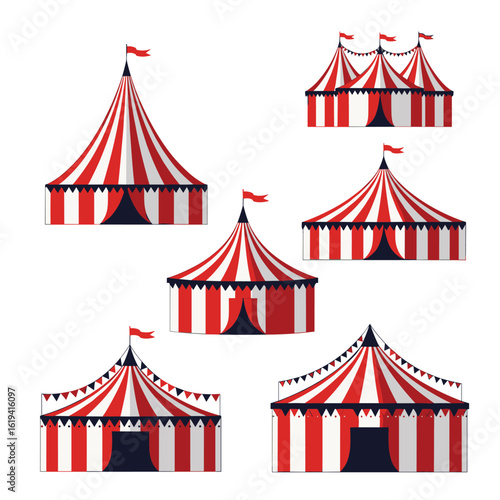 Illustrations of various traditional red and white striped circus tents with flags and decorative pennants creating a festive atmosphere for outdoor entertainment events