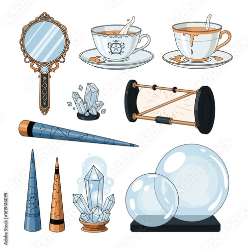 Mystical objects and tools for divination and fortune telling including crystals hourglass mirror and tea cups
