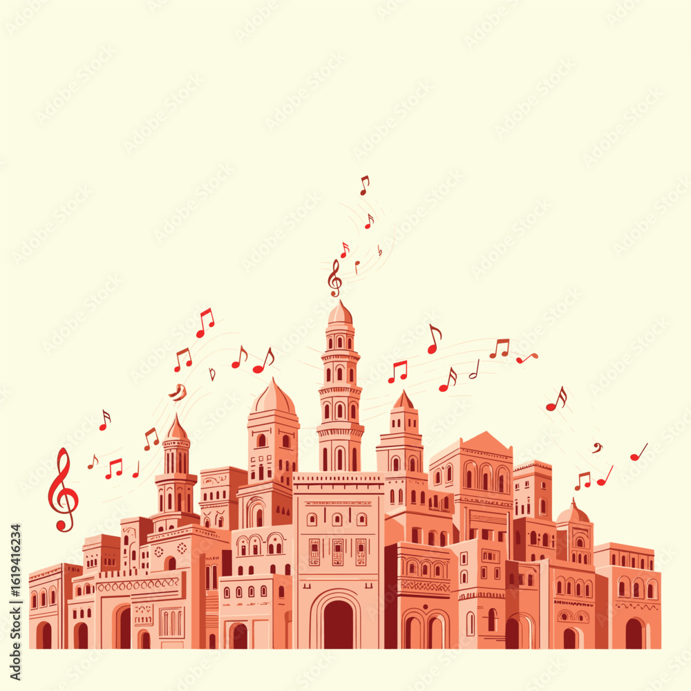 Obraz premium An ancient cityscape filled with musical notes and melodies flowing from its buildings