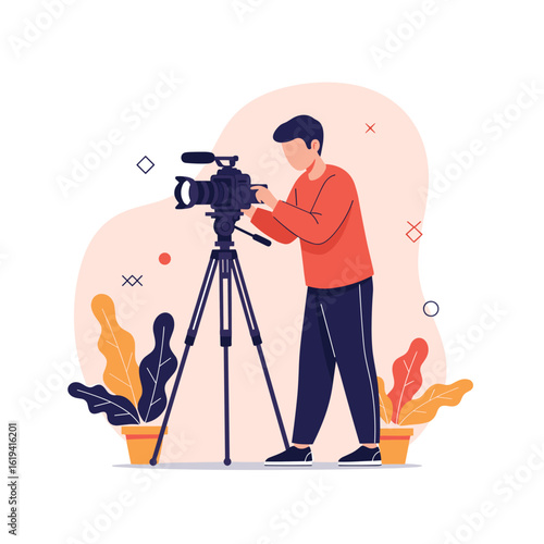 Skilled videographer capturing dynamic footage with professional camera equipment on a sturdy tripod
