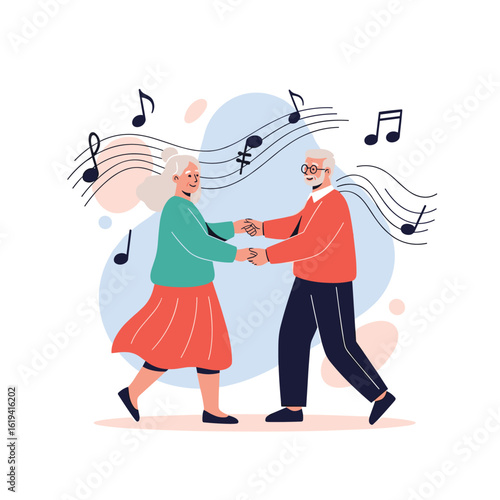 Elderly couple enjoying a joyful dance together with melodious music floating around them
