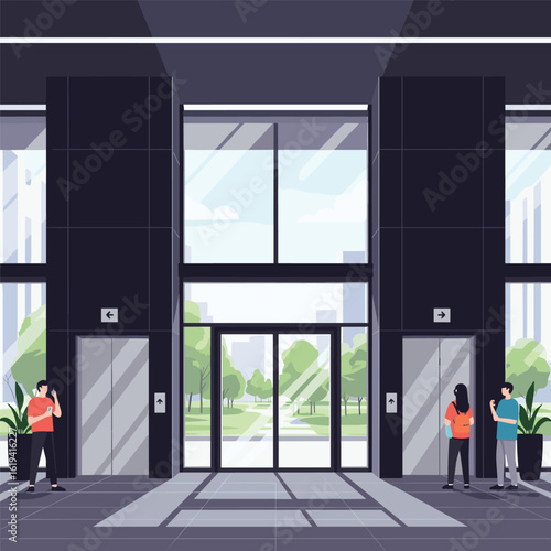 Modern office building lobby with people waiting for elevators and large windows showing green park scenery