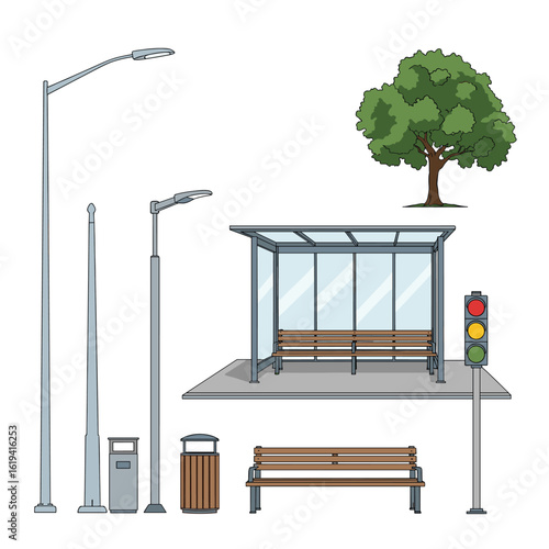 Collection of urban street furniture and elements for city planning and design projects