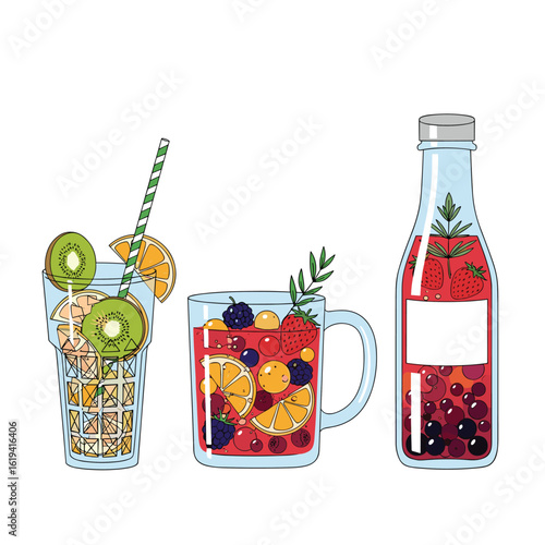 Refreshing summer fruit drinks mixed with ice and garnishes for a cool hydrating beverage experience