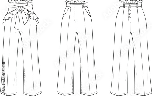 High waist wide leg pants with paper bag waistband, tie belt, button front, cad flat fashion sketch, vector illustration