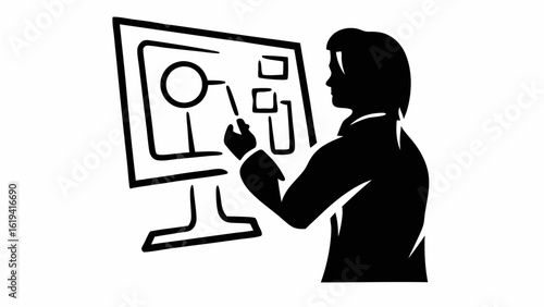 Silhouette of a person presenting diagrams on a computer screen with a pointer in their hand design