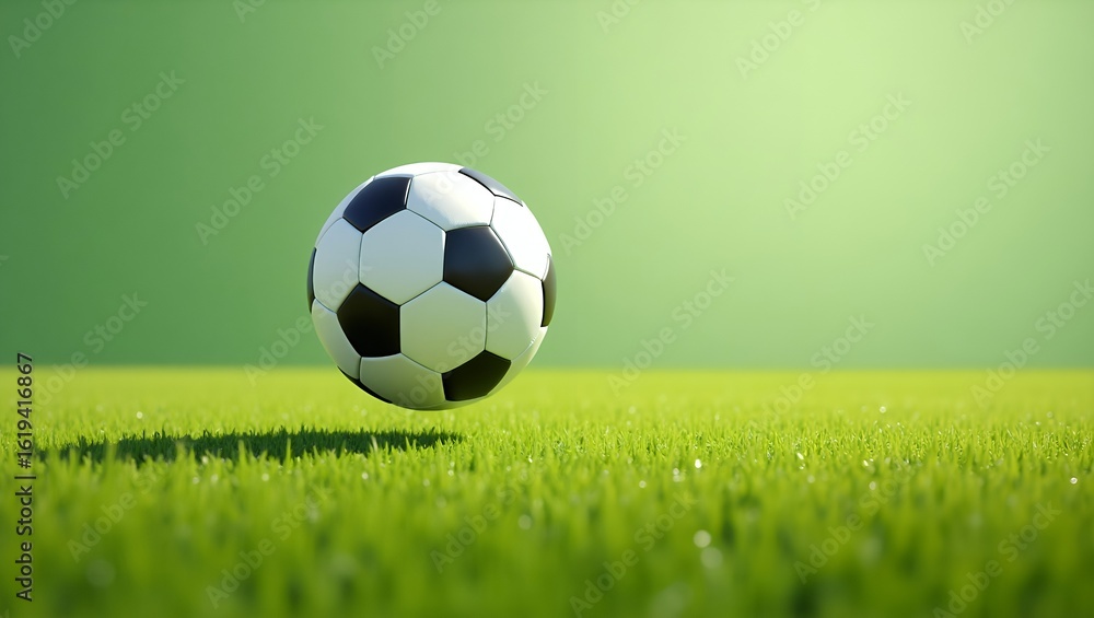 Fototapeta premium Minimalistic Side-Angle Shot of Soccer Ball Hovering Above Fresh Green Grass Field with Elongated Shadow and Sharp Textures in Natural Light