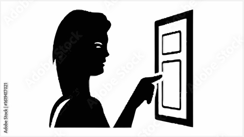 Silhouette of a woman interacting with a touch screen interface on a wall with her index finger